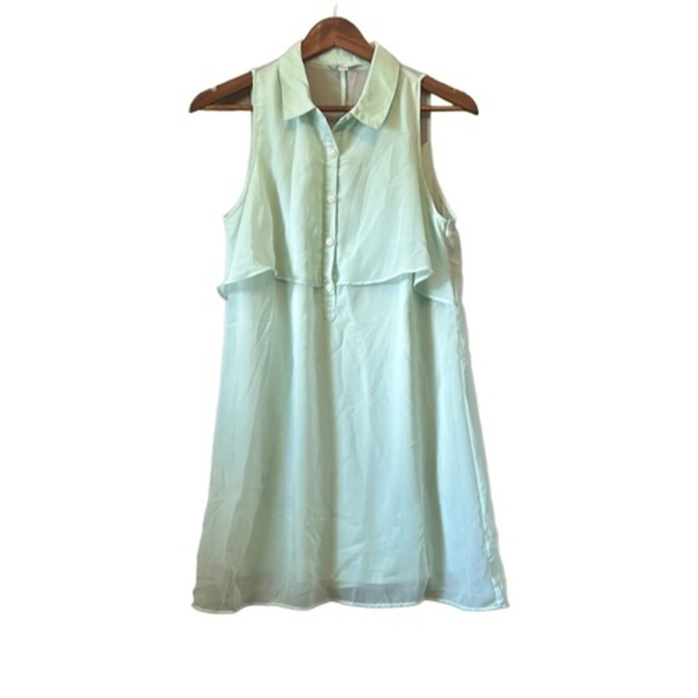 Mint Green Sleeveless Mini‎ Dress Ruffle Detail Collared Shirt Dress